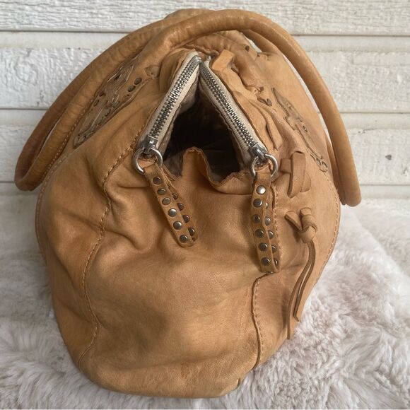 LUCKY BRAND Tan Y2K Chrome Cross Leather Hobo Bag with Embroidered Details - Picture 4 of 12
